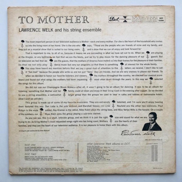 Lawrence Welk And His String Ensemble - To Mother - LP Vinyl PH - Gambar 2