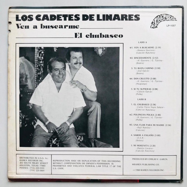 Los Cadetes De Linares - Ven A Buscarme / El Chubasco - LP Vinyl PH - Gambar 2